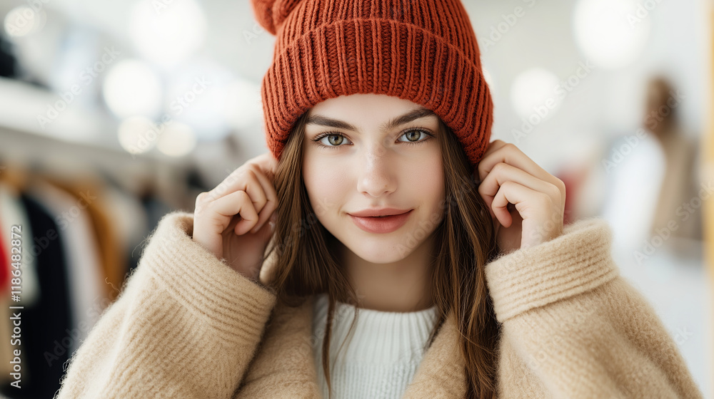 Customer adjusting a cozy winter beanie while browsing through stylish clothing in a trendy fashion boutique, enjoying the shopping experience Customer adjusting a cozy winter beanie while browsing through stylish clothing in a trendy fashion boutique, enjoying the shopping experience