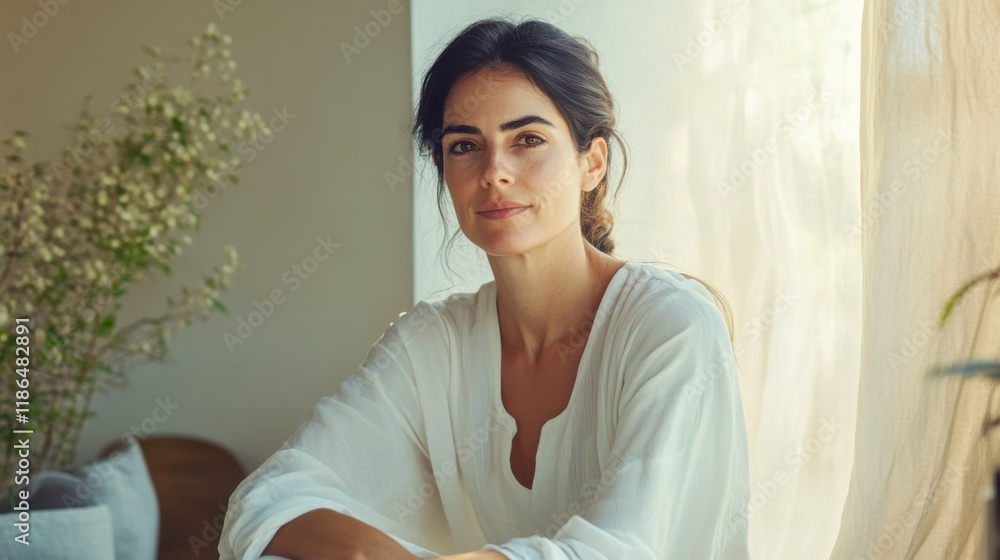 Serene Gaze: A woman with a serene expression sits by a window, bathed in natural light. Her calm demeanor radiates peace and tranquility. Her dark hair and soft features create a captivating visual. Serene Gaze: A woman with a serene expression sits by a window, bathed in natural light. Her calm demeanor radiates peace and tranquility. Her dark hair and soft features create a captivating visual.
