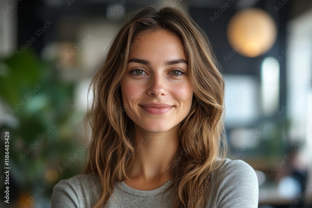 Young happy businesswoman in office looking at camera. Generative AI Young happy businesswoman in office looking at camera. Generative AI