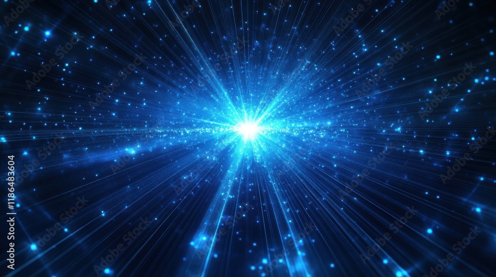 Fototapeta premium Blue abstract background with light effects: Glowing light rays radiating across a deep blue abstract background, creating a mesmerizing and energetic visual.