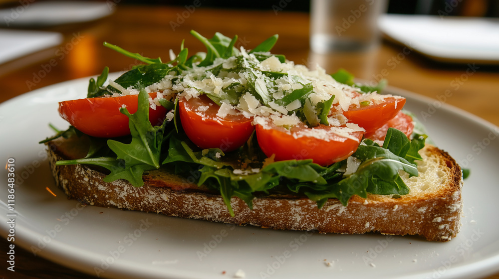 Open-faced sandwich with whole wheat bread, topped with a blend of fresh greens, cherry tomatoes, and a sprinkle of parmesan cheese, served on a white plate. Open-faced sandwich with whole wheat bread, topped with a blend of fresh greens, cherry tomatoes, and a sprinkle of parmesan cheese, served on a white plate.