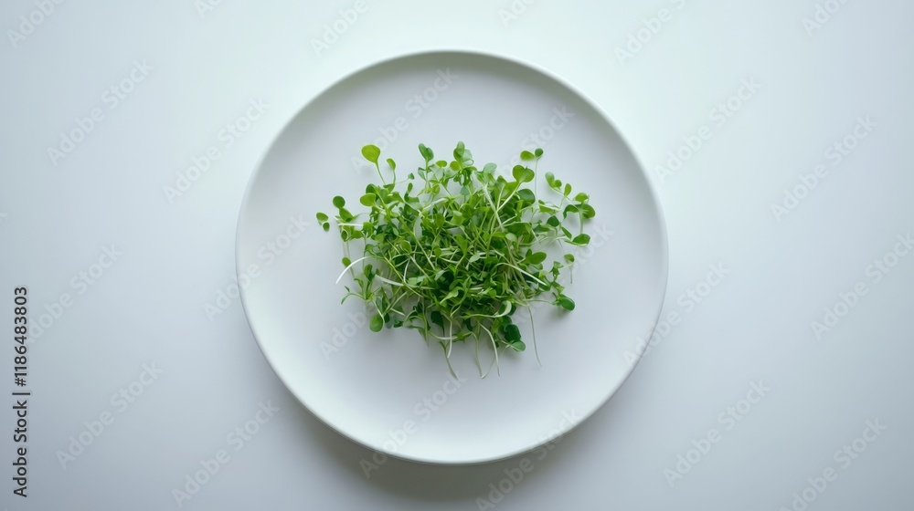 Fresh microgreens on white plate: healthy green vegetables on minimalist background Fresh microgreens on white plate: healthy green vegetables on minimalist background