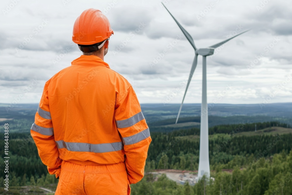 Worker in Orange Suit Observing Large Wind Turbine in Landscape Worker in Orange Suit Observing Large Wind Turbine in Landscape
