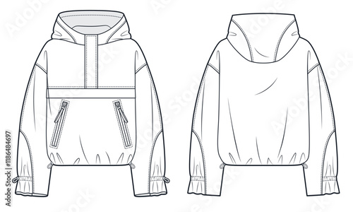 Anorak Jacket technical fashion Illustration. Nylon Jacket, Raincoat fashion flat technical drawing template, pocket, hood, drawstring, oversize, front, back view, white, women, men, unisex CAD mockup