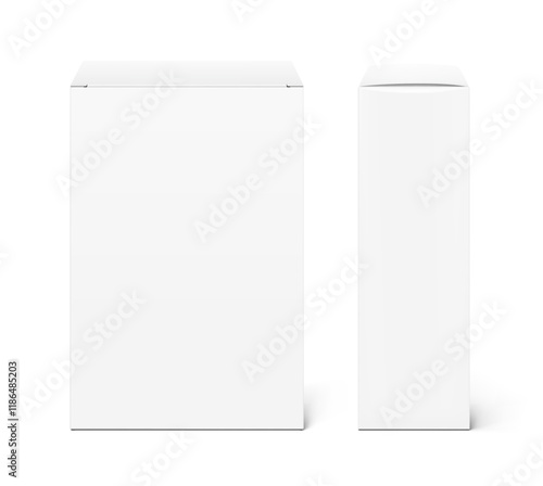 Realistic white closed paperboard box mockup. Front and side view. Vector illustration isolated on white background. Taking your 2D designs into 3D. Can be use for medicine, food, cosmetic. EPS10.