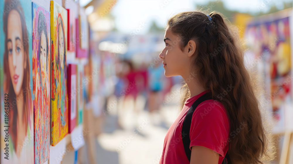Fototapeta premium Young Middle Eastern student viewing outdoor art exhibition, engaging with contemporary creative displays, experiencing cultural artworks