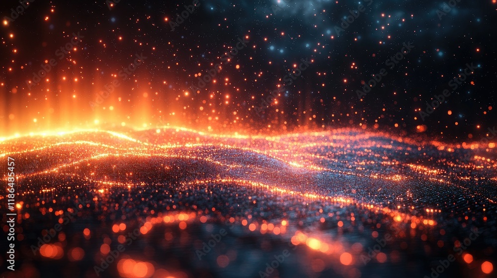 Obraz premium Glowing particles forming wavy landscape.