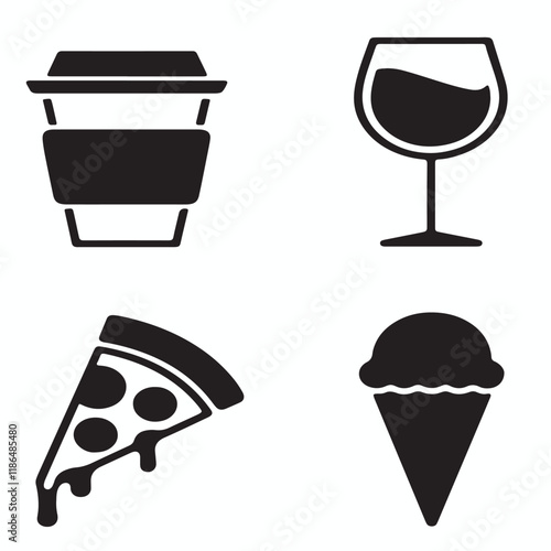 A collection of black and white icons featuring popular food and drinks including coffee, pizza, ice cream, and more. Perfect for food-related websites, blogs, or menu designs.