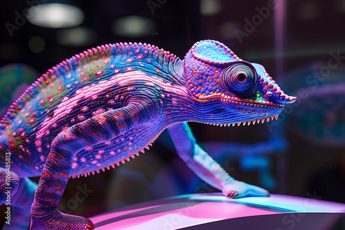 A vibrant chameleon, predominantly purple and pink, showcases intricate, colorful scales. The reptile is in sharp focus against a blurred background, illuminated by neonlike lighting. photo