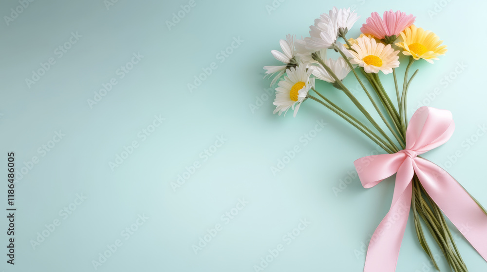 Obraz premium Minimalist fisheye angle photo of a pastel-colored ribbon tied around a small bouquet of daisies with copyspace on a light blue background