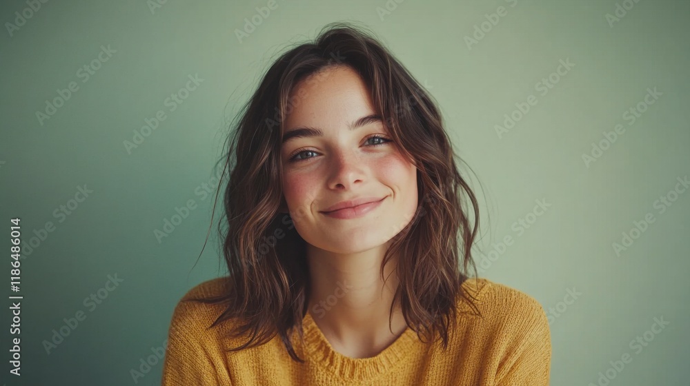 Softly Smiling Woman: A portrait of a beautiful young woman with long brown hair, wearing a yellow sweater. Her eyes are filled with warmth and her gentle smile radiates happiness and tranquility. Softly Smiling Woman: A portrait of a beautiful young woman with long brown hair, wearing a yellow sweater. Her eyes are filled with warmth and her gentle smile radiates happiness and tranquility.