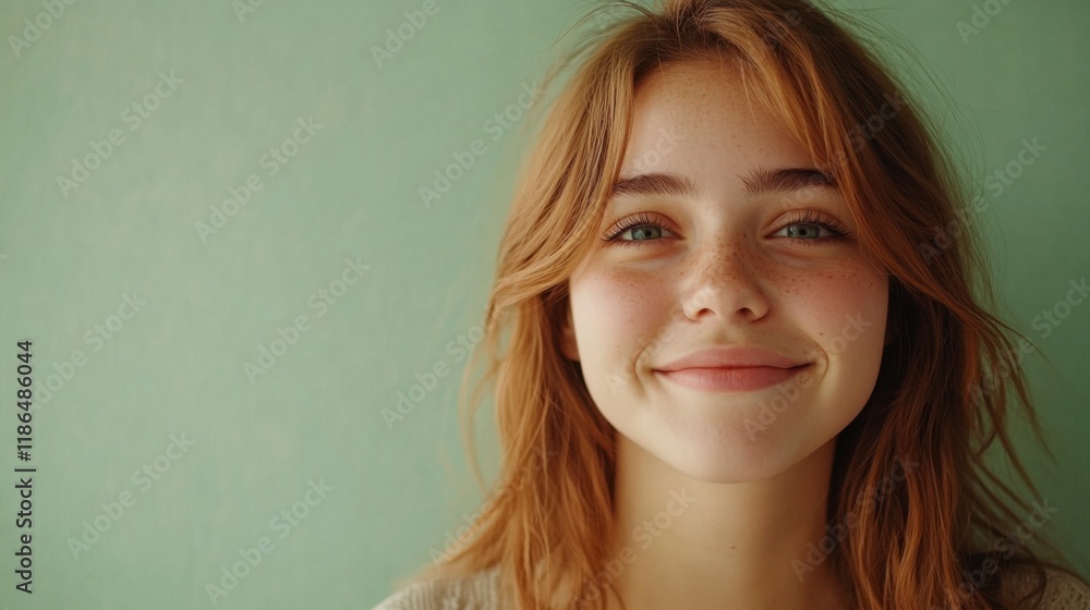 Smiling Girl with Red Hair: A young woman with long, fiery red hair and captivating green eyes gazes directly at the camera, her genuine smile illuminating her features. Smiling Girl with Red Hair: A young woman with long, fiery red hair and captivating green eyes gazes directly at the camera, her genuine smile illuminating her features.