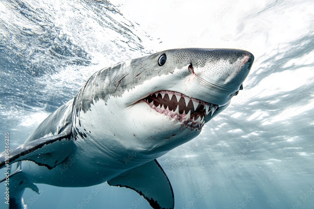 Fototapeta premium A great white shark swims gracefully through clear waters, showcasing its powerful body and sharp teeth in an underwater environment.