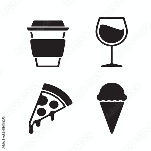 A collection of black and white icons featuring popular food and drinks including coffee, pizza, ice cream, and more. Perfect for food-related websites, blogs, or menu designs.