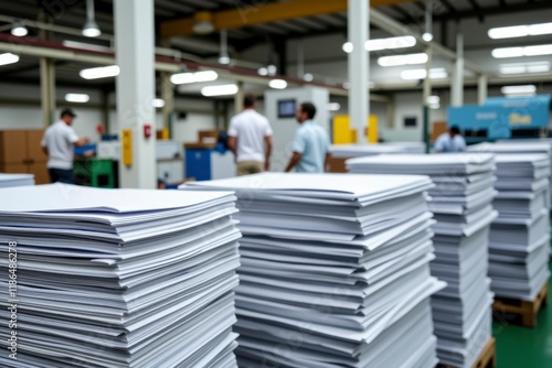 High Stacks of Printed Paper in a Busy Commercial Printing Plant Factory