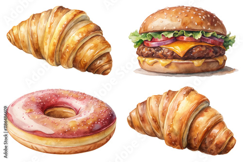 Delicious baked goods, colorful pastries, gourmet burger, sweet donut, appetizing food illustrations.