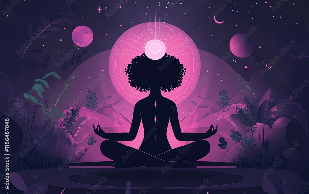 Ritualistic meditation surrounded by divine light and mystical imagery, flat design illustration