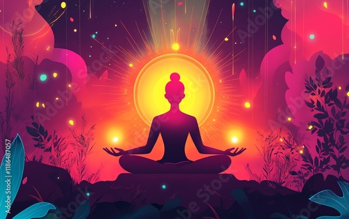 Ritualistic meditation surrounded by divine light and mystical imagery, flat design illustration photo