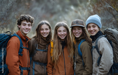  young people are smiling and posing for the camera, each wearing outdoor gear like backpacks and hiking boots, standing in an environment