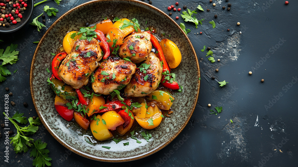 A mouthwatering serving of sweet and sour chicken, tender chicken pieces tossed in a zesty sauce, and complemented by the crisp crunch of red, yellow, and green bell peppers.
A mouthwatering serving of sweet and sour chicken, tender chicken pieces tossed in a zesty sauce, and complemented by the crisp crunch of red, yellow, and green bell peppers.