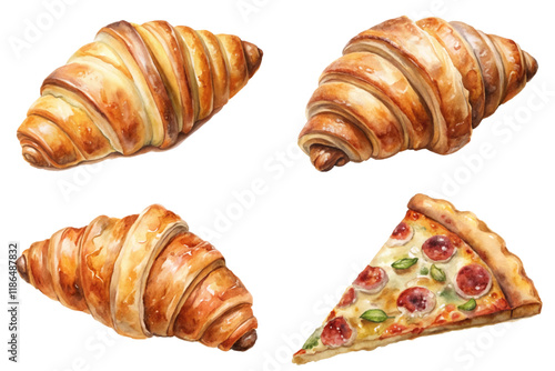 Delicious baked goods, fresh croissants, savory pizza slice, watercolor style, food illustration, culinary art.