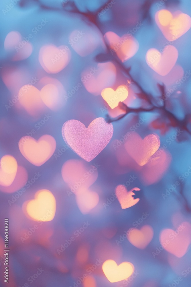 Romantic blurred heart-shaped bokeh lights background for love-themed designs. Romantic blurred heart-shaped bokeh lights background for love-themed designs.