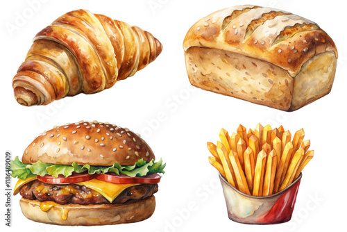 Delicious baked goods, fresh croissant, golden bread loaf, juicy burger, crispy fries, food illustration.