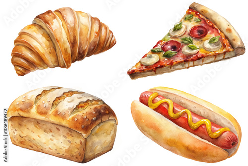 Delicious baked goods, watercolor illustration, croissant, pizza slice, bread loaf, hot dog, food art.