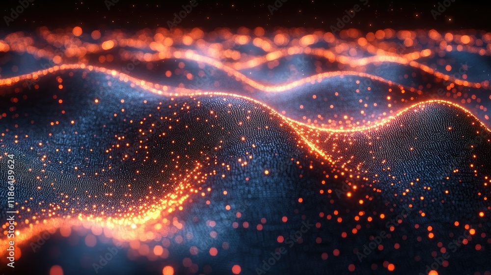 Abstract glowing particle waves, dark background.