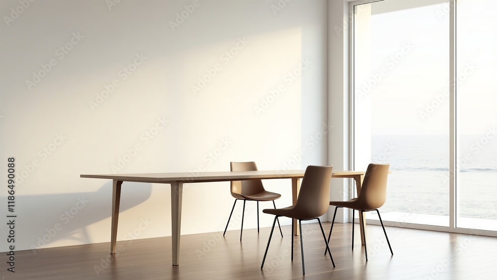 Fototapeta premium Serene White Minimalist Dining Room with Modern Furniture Design