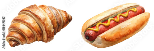 Delicious baked goods, watercolor illustration, croissant and hot dog, food art, culinary design, appetizing visuals.
