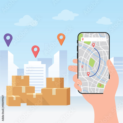 Delivery service boxes. Online app tracking, city background	
