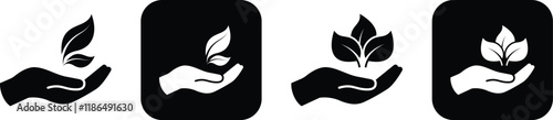 Set of hand with leaf icon in silhouette style. Green eco symbol protect nature. Vector illustration