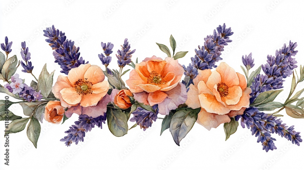 Obraz premium Watercolor Lavender & Peach Roses Border