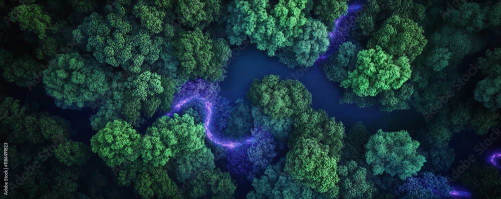 Abstract bioluminescent energy flowing through a dense cluster of organic structures.  Microscopic view of cellular activity.