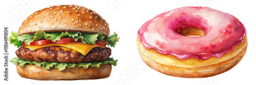 Delicious burger, colorful donut, watercolor style, food illustration, vibrant colors, appetizing design, culinary art.