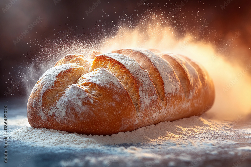 Flour Dust Explosion on Freshly Baked Bread Slice Flour Dust Explosion on Freshly Baked Bread Slice