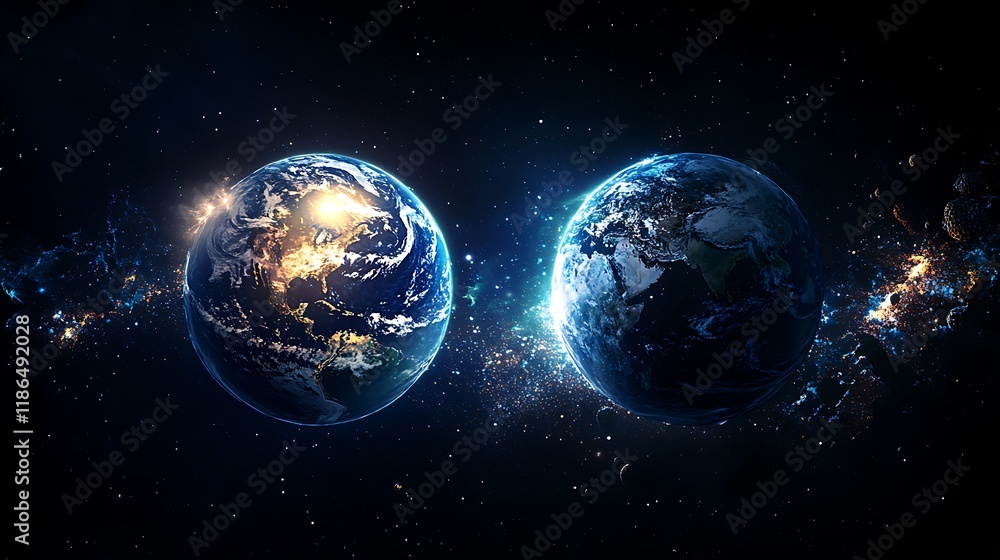 Obraz premium Twin Earths cosmic connection, space dust.