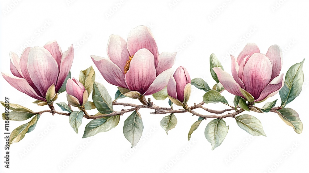 Obraz premium Watercolor Magnolia Branch, Pink Flowers, Botanical