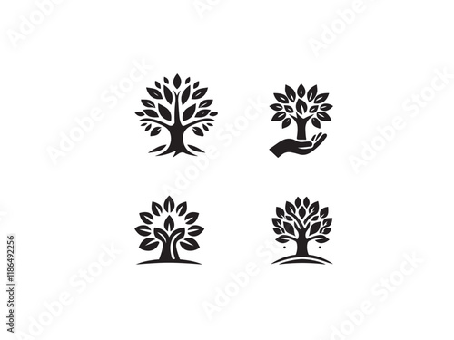 Four stylized tree logos, perfect for environmental or nature-themed branding.