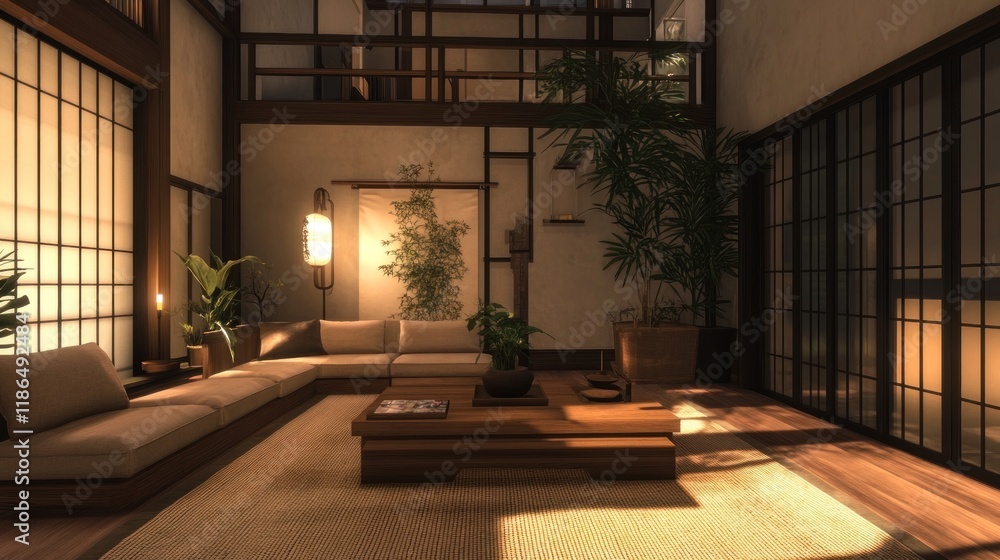 Fototapeta premium Serene Japanese Minimalist Living Room Interior Design