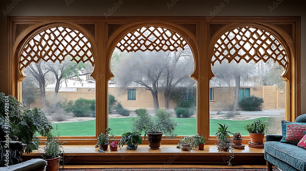 Ornate Wooden Window Frames View Backyard Plants