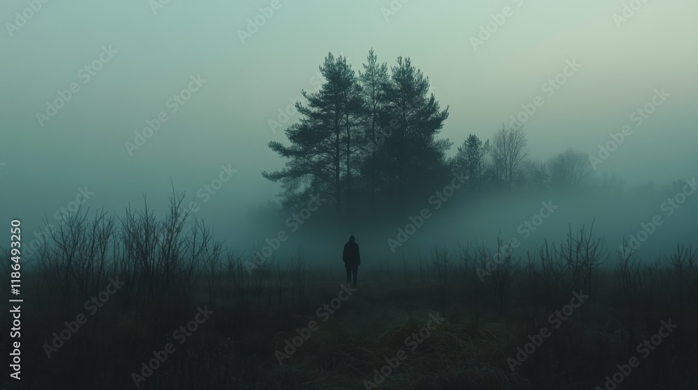Solitude in the Mist: A lone figure, silhouetted against a backdrop of dense fog, walks into the mystery of a misty forest. Solitude in the Mist: A lone figure, silhouetted against a backdrop of dense fog, walks into the mystery of a misty forest.