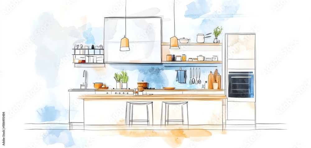 Sketch of a modern kitchen design. Minimalist style, light colors, island counter, wooden cabinets, and stylish pendant lights. Sketch of a modern kitchen design. Minimalist style, light colors, island counter, wooden cabinets, and stylish pendant lights.