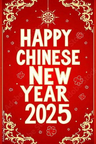 hinese New Year 2025 frame in traditional Chinese style. Festive red and gold border with intricate Asian patterns, celebrating New Year with cultural design elements. photo