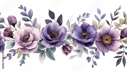 Watercolor Purple Floral Border, Seamless Pattern