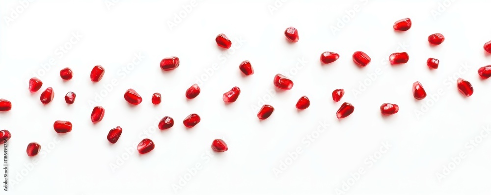 Red pomegranate seeds scattered on a white surface, vibrant food photography, healthy eating theme. Red pomegranate seeds scattered on a white surface, vibrant food photography, healthy eating theme.