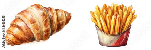 Delicious croissant, crispy French fries, watercolor illustration, food art, culinary design, appetizing visuals.