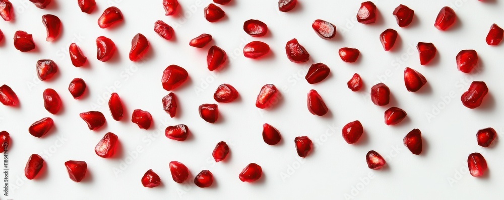 Red pomegranate seeds scattered on a white surface, vibrant food photography, healthy eating theme. Red pomegranate seeds scattered on a white surface, vibrant food photography, healthy eating theme.