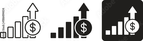 Dollar income vector icon set, dollar increase and cost increase symbol with three different styles isolated. Vector illustration